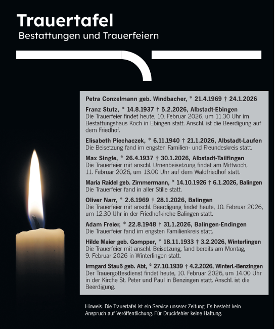 Traueranzeige von Totentafel vom 10.02.2026 von SÜDWEST PRESSE Zollernalbkreis
