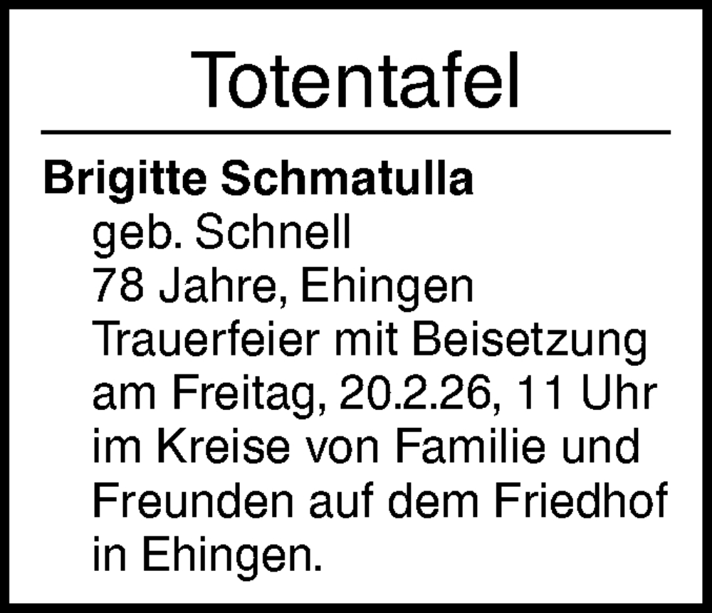  Traueranzeige für Totentafel vom 14.02.2026 vom 14.02.2026 aus Ehinger Tagblatt