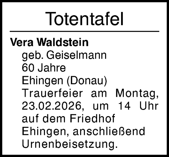 Traueranzeige von Totentafel vom 19.02.2026 von Ehinger Tagblatt