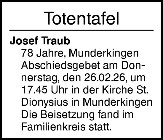 Traueranzeige von Totentafel vom 25.02.2026 von Ehinger Tagblatt