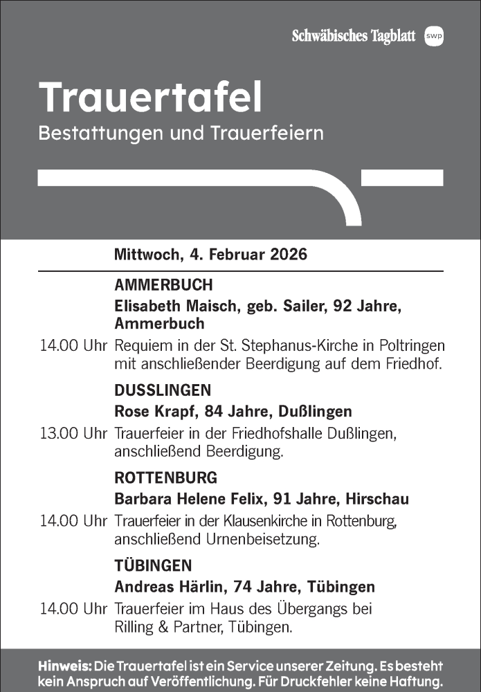  Traueranzeige für Trauertafel vom 04.02.2026 vom 04.02.2026 aus Schwäbische Tagblatt