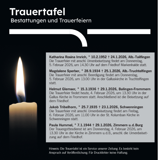 Traueranzeige von Trauertafel vom 04.02.2026 von SÜDWEST PRESSE Zollernalbkreis