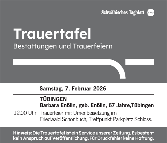Traueranzeige von Trauertafel vom 07.02.2026 von Schwäbische Tagblatt