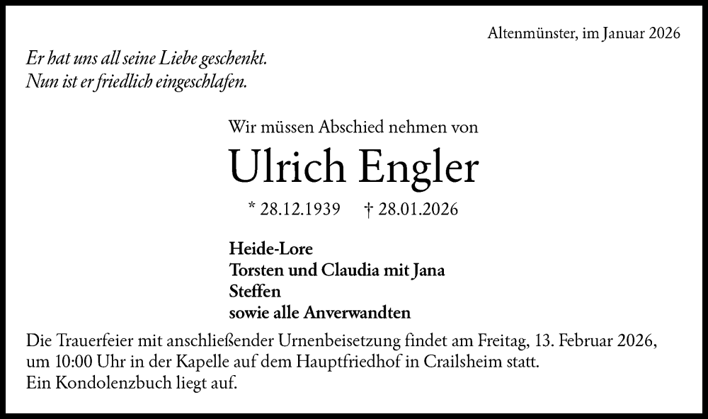  Traueranzeige für Ulrich Engler vom 09.02.2026 aus Hohenloher Tagblatt