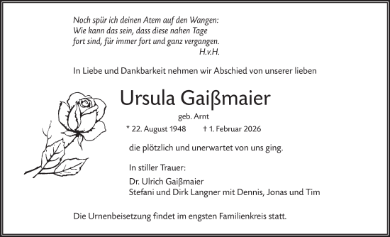 Traueranzeige von Ursula Gaifmaier von SÜDWEST PRESSE Ausgabe Ulm/Neu-Ulm/Ehingen
