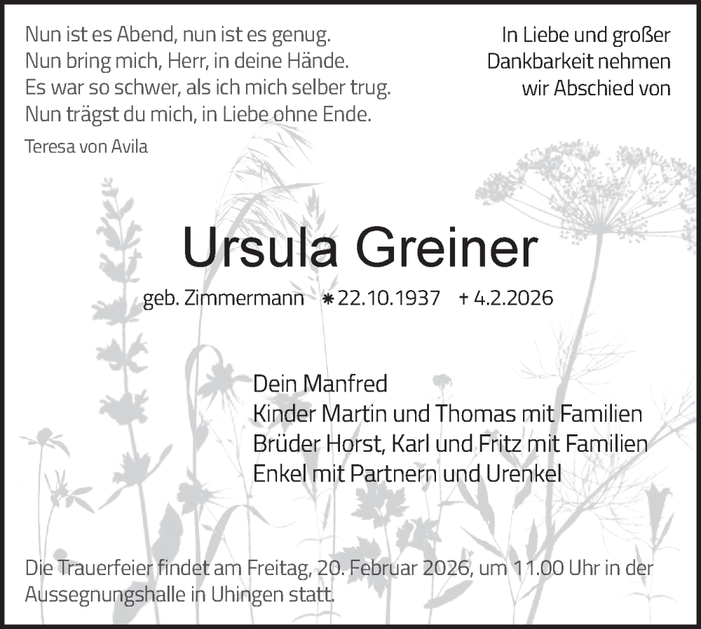  Traueranzeige für Ursula Greiner vom 14.02.2026 aus NWZ Neue Württembergische Zeitung