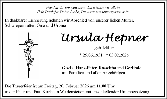 Traueranzeige von Ursula Hepner von SÜDWEST PRESSE Ausgabe Ulm/Neu-Ulm/Ehingen