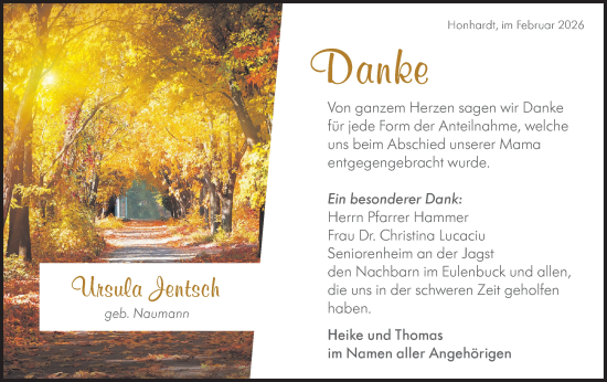Traueranzeige von Ursula Jentsch von Hohenloher Tagblatt
