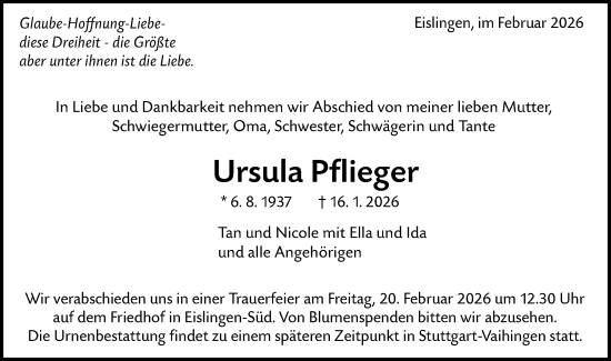Traueranzeige von Ursula Pflieger von NWZ Neue Württembergische Zeitung
