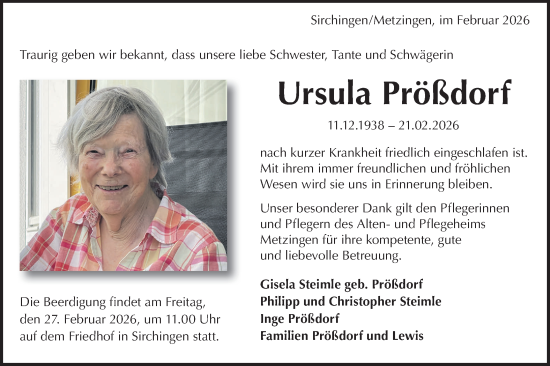 Traueranzeige von Ursula Prößdorf von Alb-Bote/Metzinger-Uracher Volksblatt