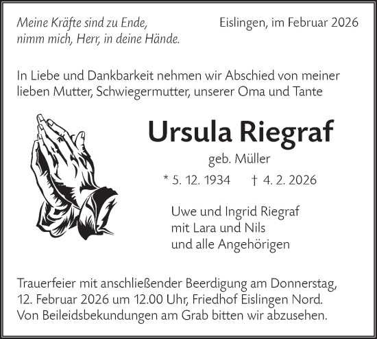 Traueranzeige von Ursula Riegraf von NWZ Neue Württembergische Zeitung
