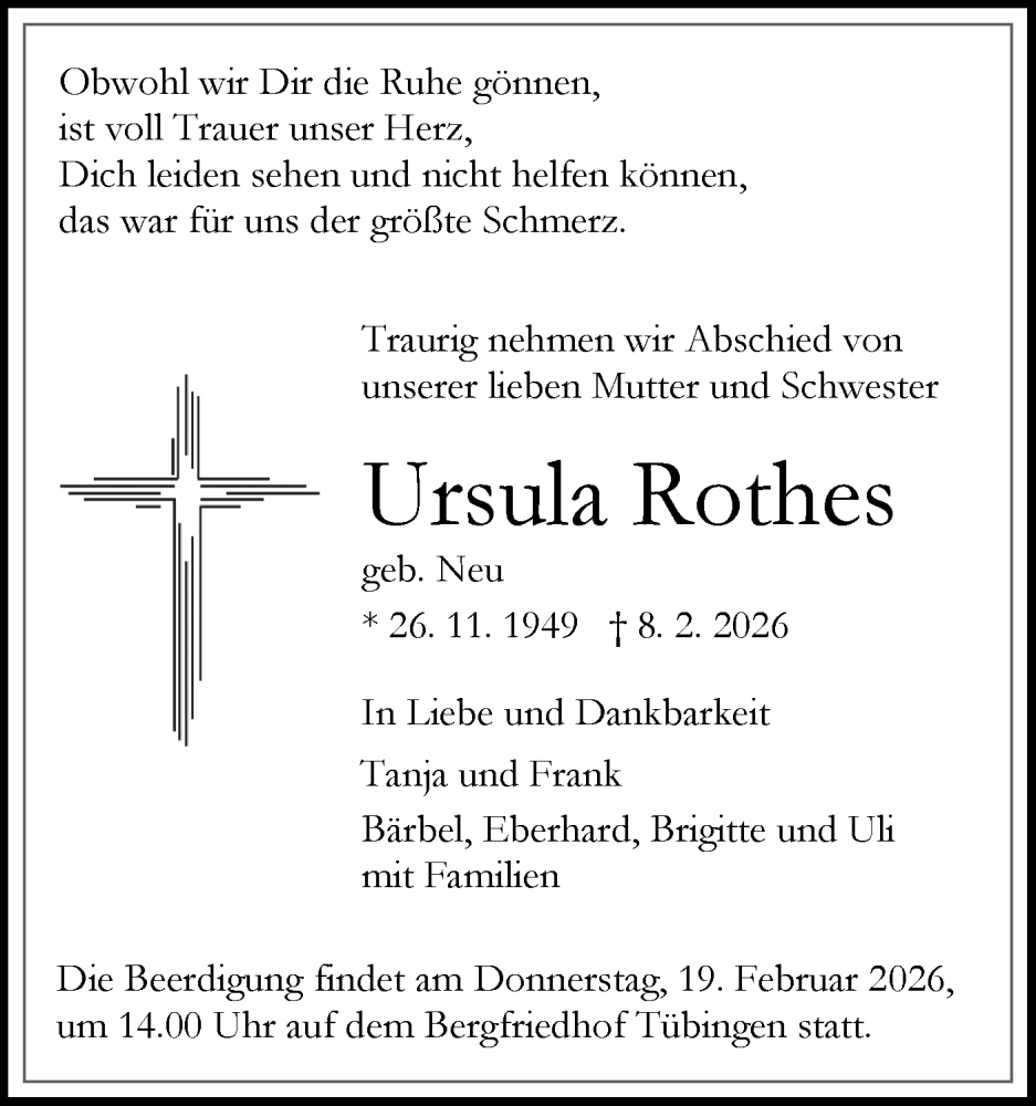  Traueranzeige für Ursula Rothes vom 14.02.2026 aus Schwäbische Tagblatt