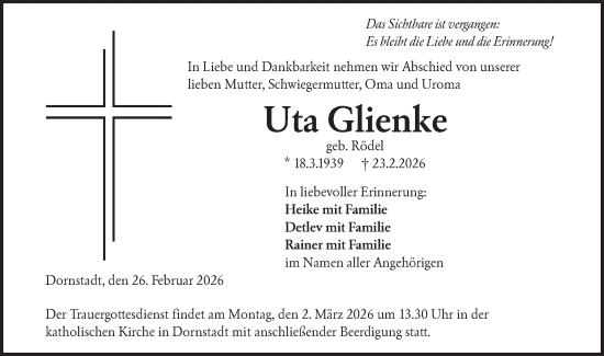 Traueranzeige von Uta Glienke von SÜDWEST PRESSE Ausgabe Ulm/Neu-Ulm/Ehingen