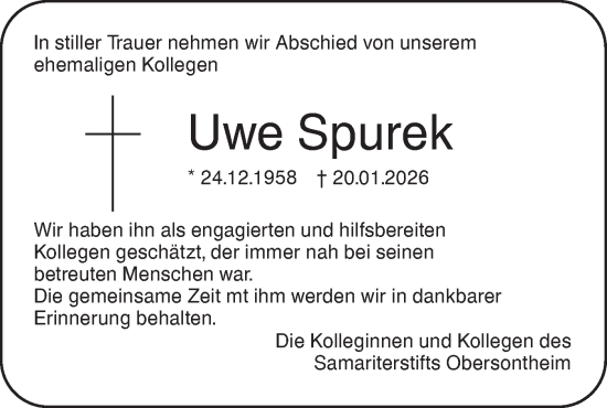 Traueranzeige von Uwe Spurek von Haller Tagblatt