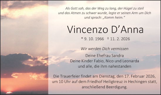 Traueranzeige von Vincenzo D’Anna von SÜDWEST PRESSE Zollernalbkreis