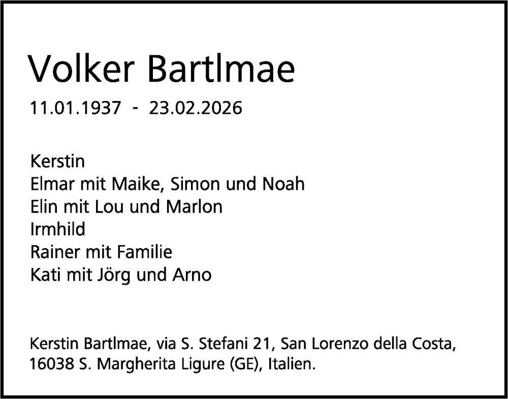  Traueranzeige für Volker Bartlmae vom 28.02.2026 aus SÜDWEST PRESSE Ausgabe Ulm/Neu-Ulm/Ehingen