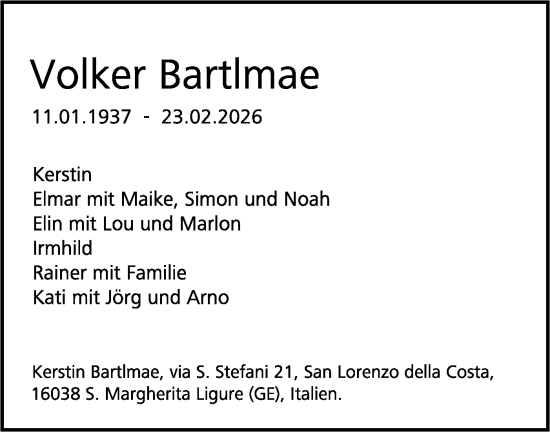 Traueranzeige von Volker Bartlmae von SÜDWEST PRESSE Ausgabe Ulm/Neu-Ulm/Ehingen