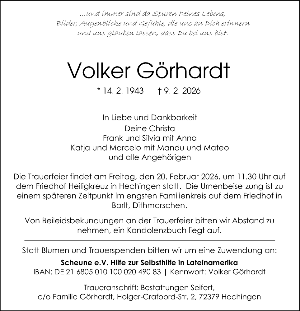  Traueranzeige für Volker Görhardt vom 14.02.2026 aus SÜDWEST PRESSE Zollernalbkreis