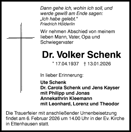 Traueranzeige von Volker Schenk von Hohenloher Tagblatt