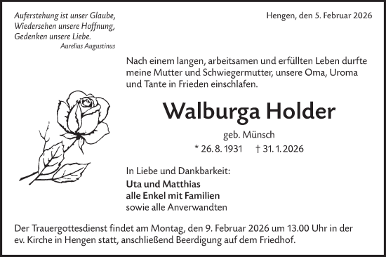 Traueranzeige von Walburga Holder von Alb-Bote/Metzinger-Uracher Volksblatt