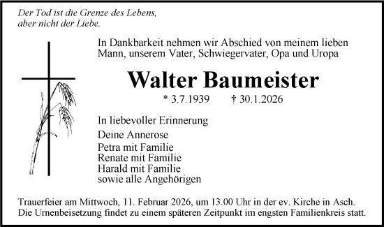 Traueranzeige von Walter Baumeister von SÜDWEST PRESSE Ausgabe Ulm/Neu-Ulm/Ehingen