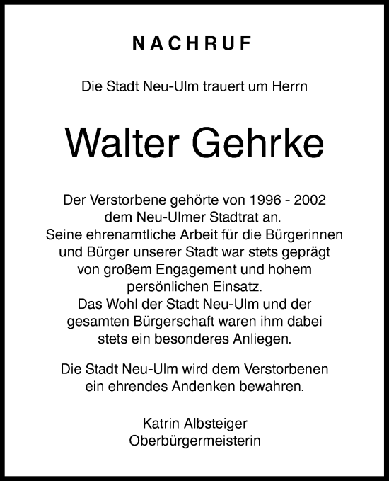 Traueranzeige von Walter Gehrke von SÜDWEST PRESSE Ausgabe Ulm/Neu-Ulm/Ehingen