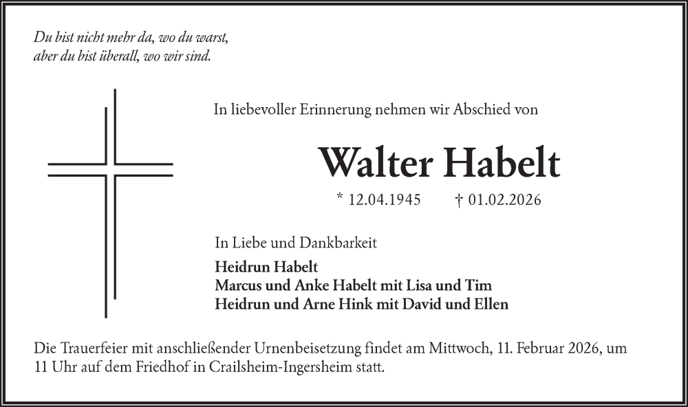  Traueranzeige für Walter Habelt vom 07.02.2026 aus Hohenloher Tagblatt