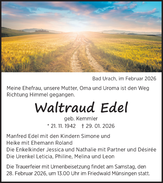 Traueranzeige von Waltraud Edel von Alb-Bote/Metzinger-Uracher Volksblatt