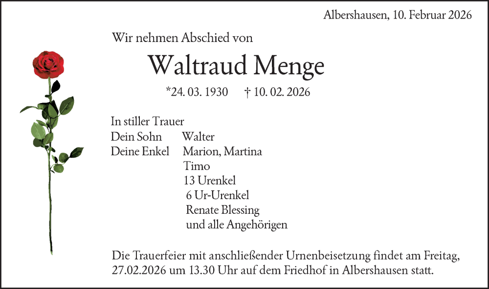  Traueranzeige für Waltraud Menge vom 14.02.2026 aus NWZ Neue Württembergische Zeitung
