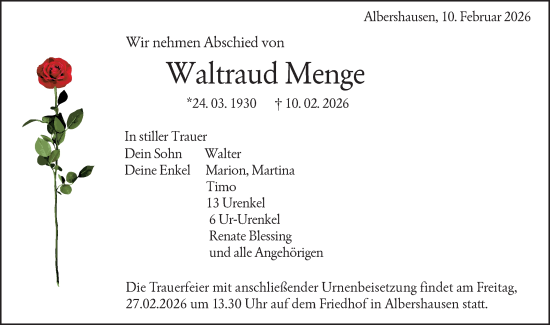 Traueranzeige von Waltraud Menge von NWZ Neue Württembergische Zeitung