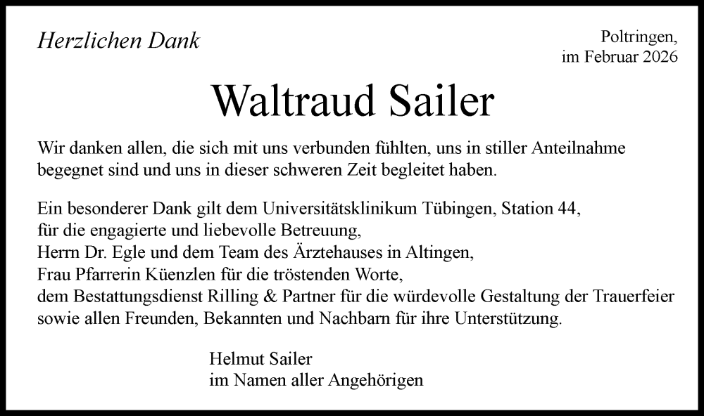  Traueranzeige für Waltraud Sailer vom 04.02.2026 aus Schwäbische Tagblatt