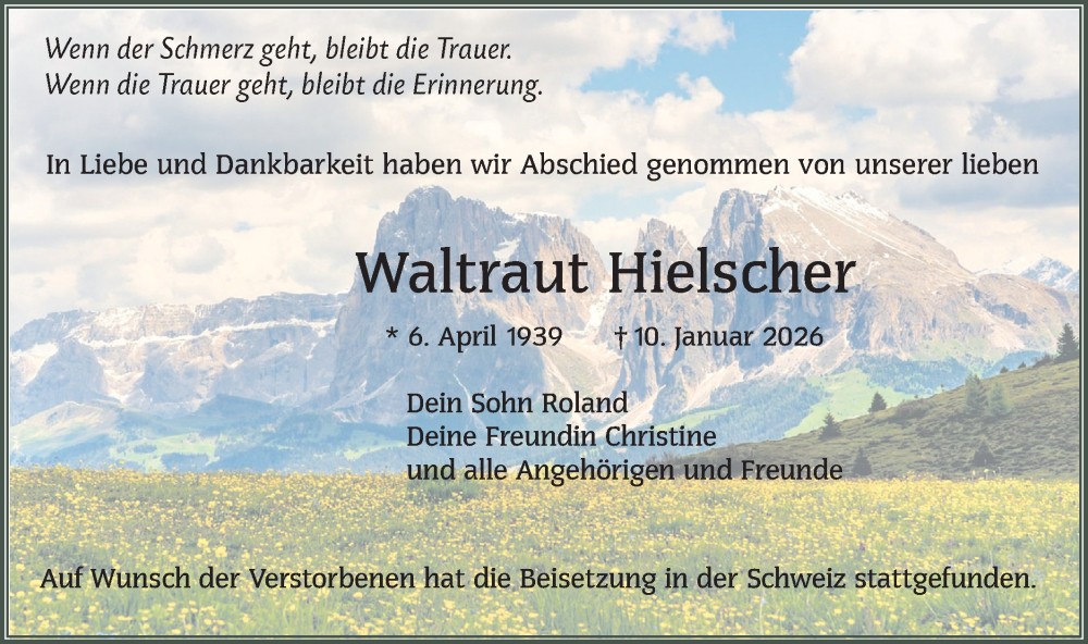  Traueranzeige für Waltraut Hielscher vom 14.02.2026 aus NWZ Neue Württembergische Zeitung