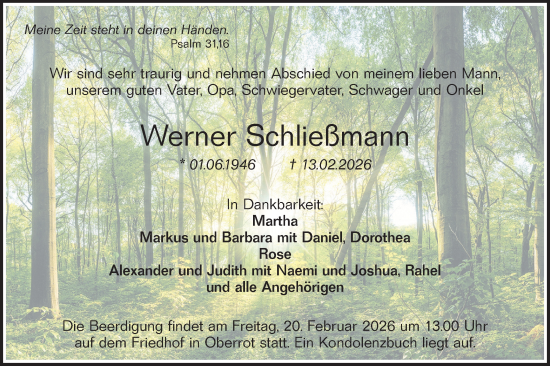 Traueranzeige von Werner Schließmann von Rundschau Gaildorf/Haller Tagblatt
