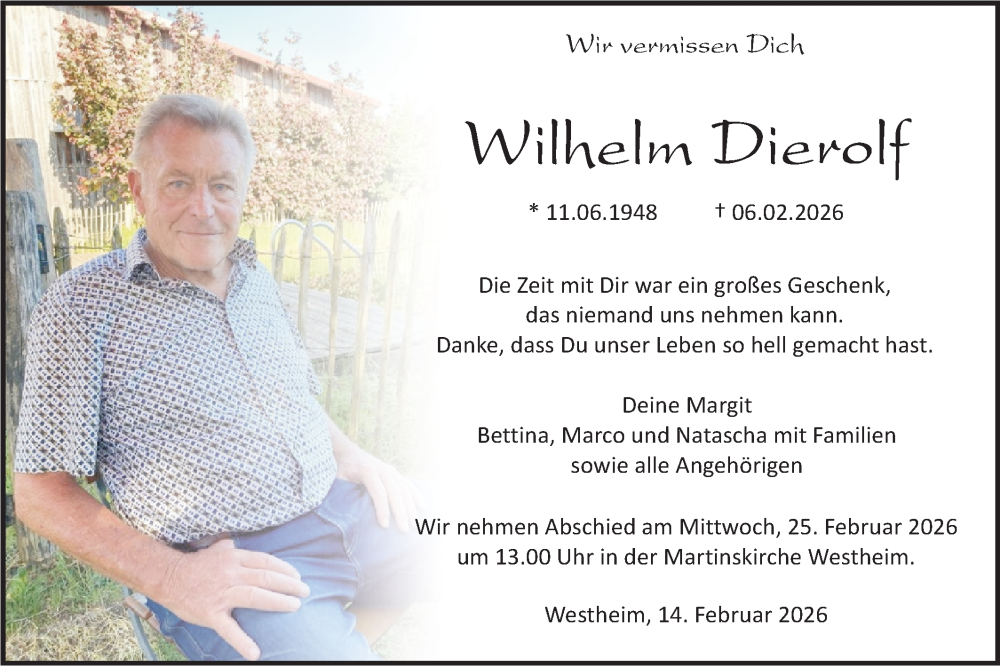  Traueranzeige für Wilhelm Dierolf vom 14.02.2026 aus Haller Tagblatt
