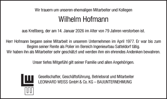 Traueranzeige von Wilhelm Hofmann von Hohenloher Tagblatt