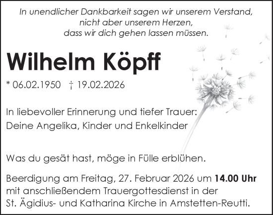 Traueranzeige von Wilhelm Köpff von SÜDWEST PRESSE Ausgabe Ulm/Neu-Ulm/Ehingen