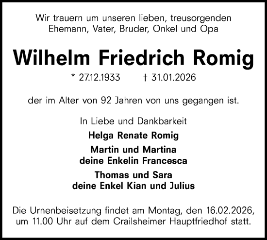 Traueranzeige von Wilhelm Friedrich Romig von Hohenloher Tagblatt
