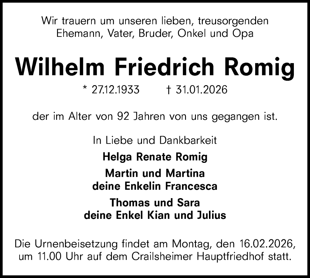 Traueranzeige für Wilhelm Friedrich Romig vom 12.02.2026 aus Hohenloher Tagblatt