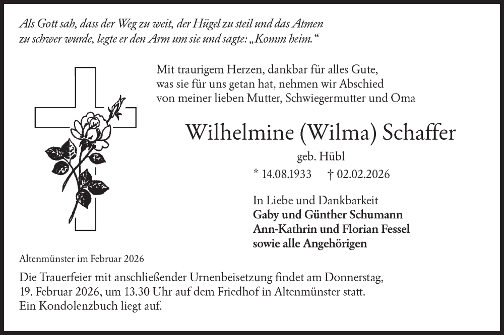  Traueranzeige für Wilhelmine Schaffer vom 14.02.2026 aus Hohenloher Tagblatt