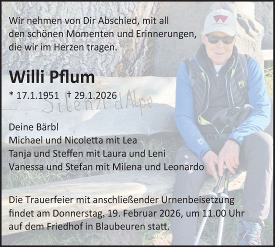 Traueranzeige von Willi Pflum von SÜDWEST PRESSE Ausgabe Ulm/Neu-Ulm/Ehingen/Das Blaumännle