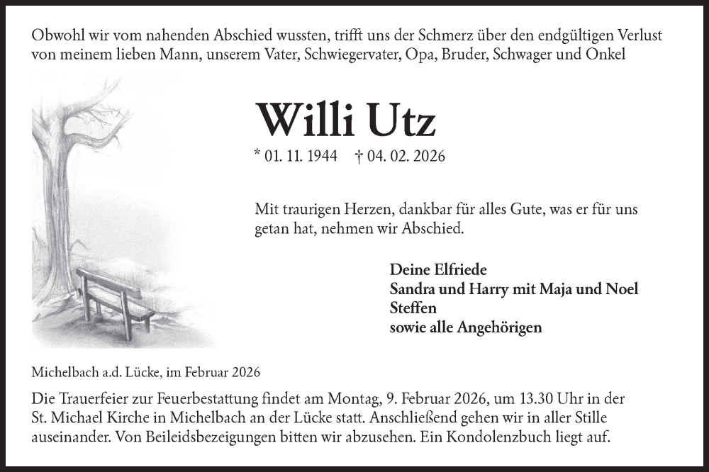  Traueranzeige für Willi Utz vom 06.02.2026 aus Hohenloher Tagblatt