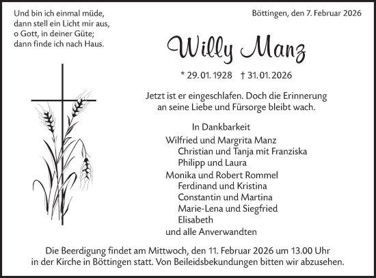 Traueranzeige von Willy Manz von Alb-Bote/Metzinger-Uracher Volksblatt