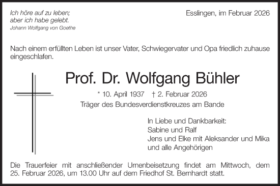 Traueranzeige von Wolfgang Bühler von NWZ Neue Württembergische Zeitung