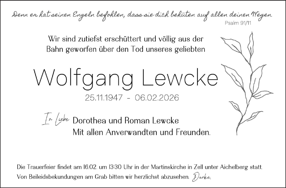 Traueranzeige für Wolfgang Lewcke vom 12.02.2026 aus NWZ Neue Württembergische Zeitung