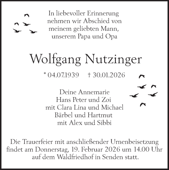 Traueranzeige von Wolfgang Nutzinger von SÜDWEST PRESSE Ausgabe Ulm/Neu-Ulm/Ehingen/Neu-Ulmer Zeitung