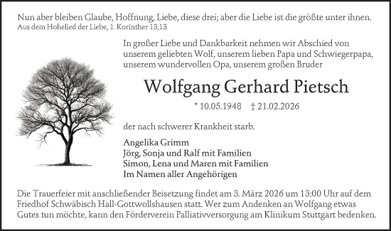 Traueranzeige von Wolfgang Gerhard Pietsch von Haller Tagblatt