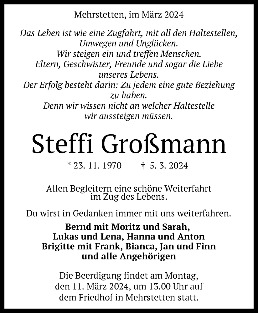  Traueranzeige für Steffi Großmann vom 09.03.2024 aus Alb-Bote/Metzinger-Uracher Volksblatt
